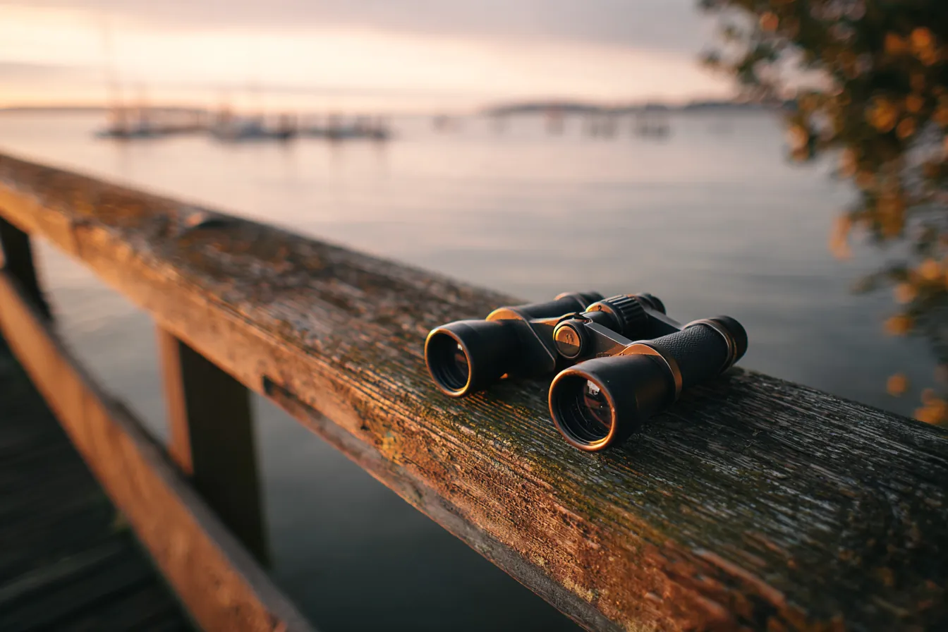 A pair of binoculars on a weathered dock railing above a calm bay at sunrise