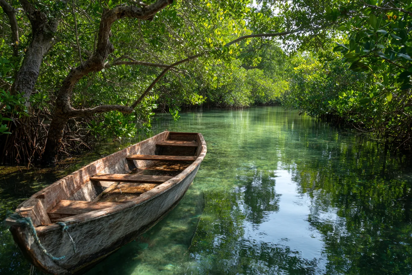 A weathered wooden skiff in a clear mangrove channel under green shade