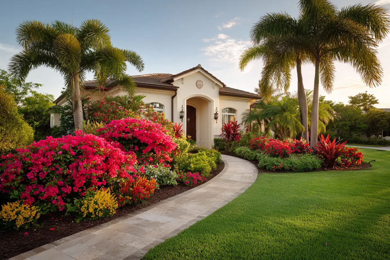 A landscaped front yard of a Southwest Florida home at golden hour, palms, flowering shrubs and a curving paver walkway