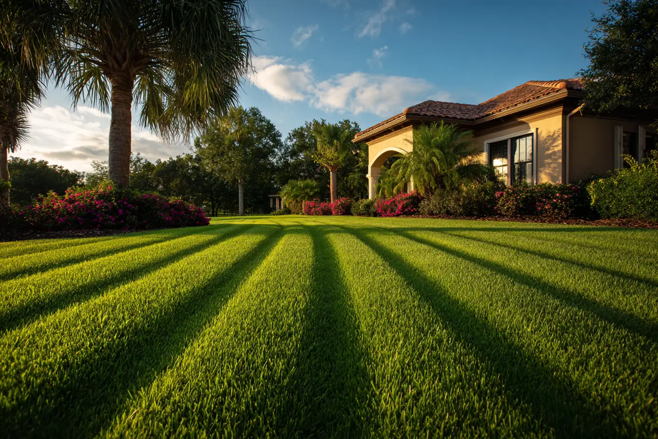 Fresh mowing stripes across a thick St. Augustine lawn in front of a tile-roofed home in early morning light