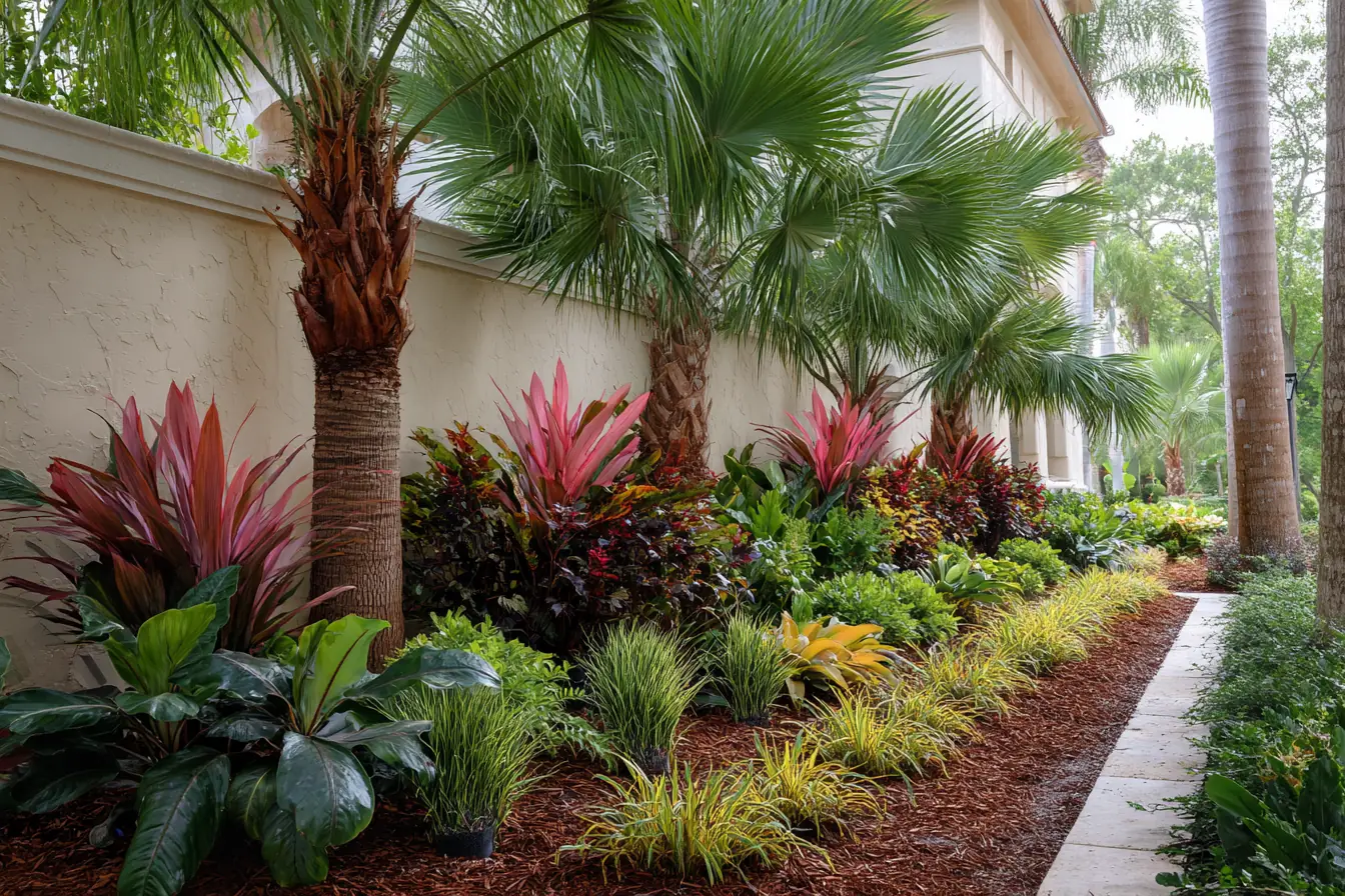 A Florida-friendly planting bed of palms, bromeliads and ornamental grasses edged with mulch beside a cream stucco home