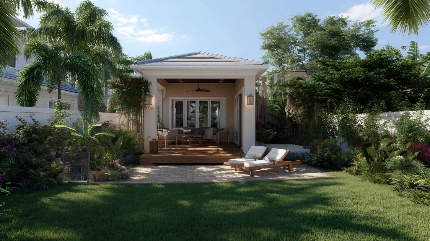 A Southwest Florida backyard seen straight-on, a lawn and a small wooden deck with two loungers behind a cream stucco home, palms along the back