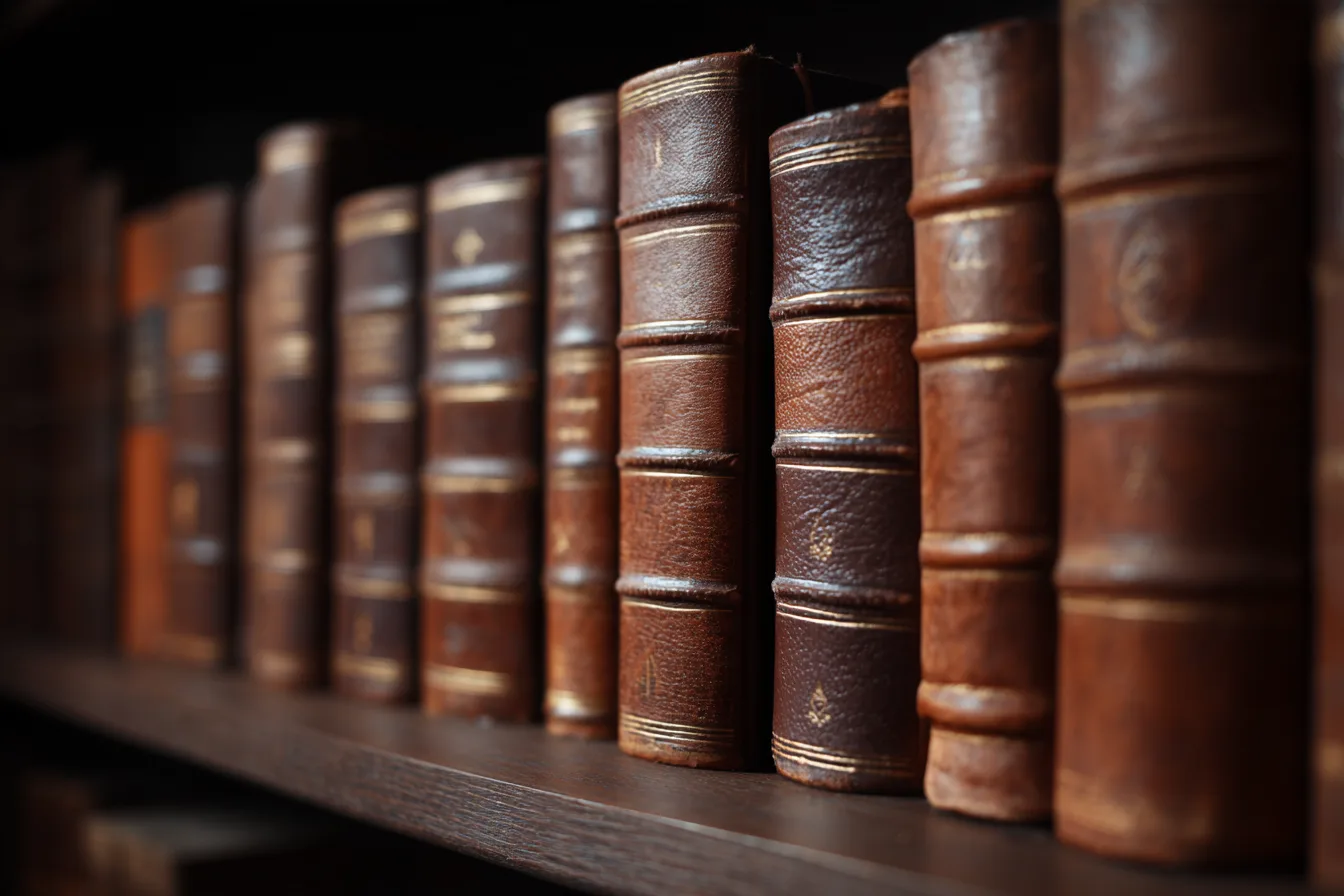 Rows of leather-bound books with blank spines on a dark wooden shelf in low, warm light