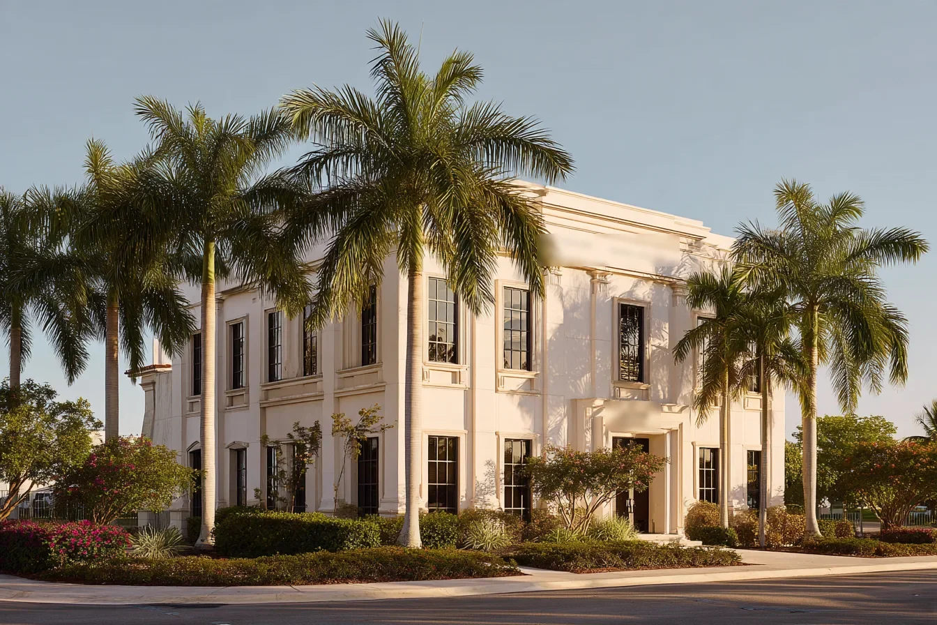 A two-story white classical office building framed by royal palms in late light