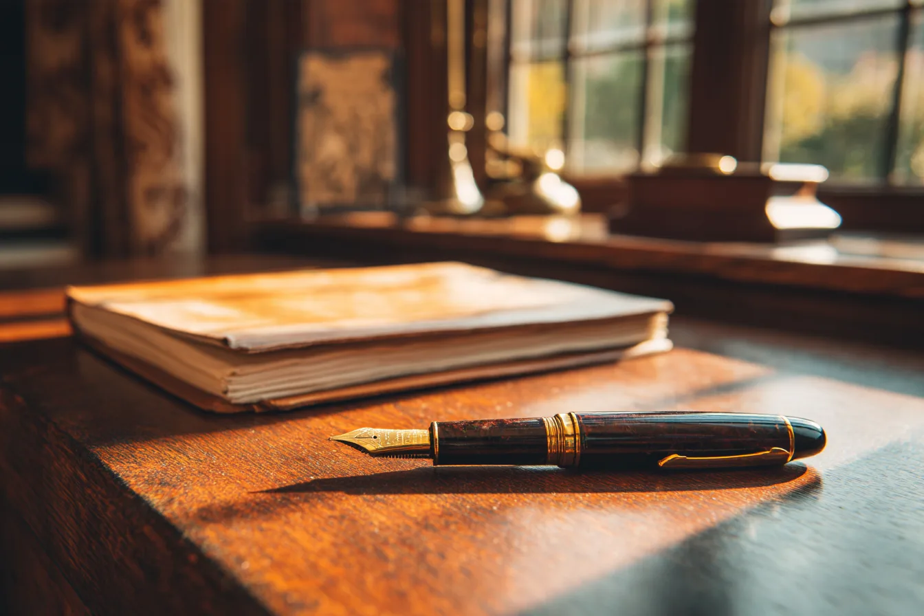 A fountain pen and a closed book on a polished desk in warm afternoon light