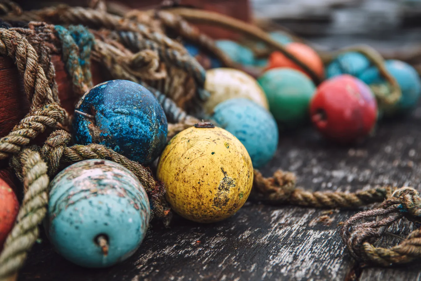 A heap of faded fishing floats tangled in old rope on a weathered dock