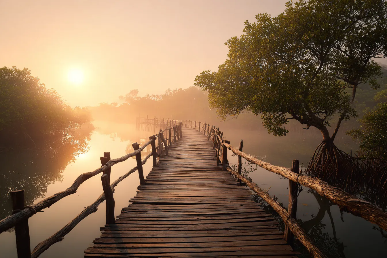 A wooden boardwalk crossing a misty mangrove creek at sunrise