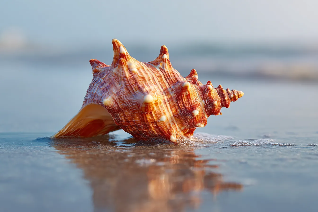 A single conch shell on wet sand at the waterline in soft light