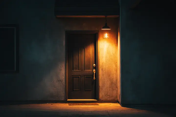 A dark wooden front door with a brass deadbolt and handle under a warm porch light at night