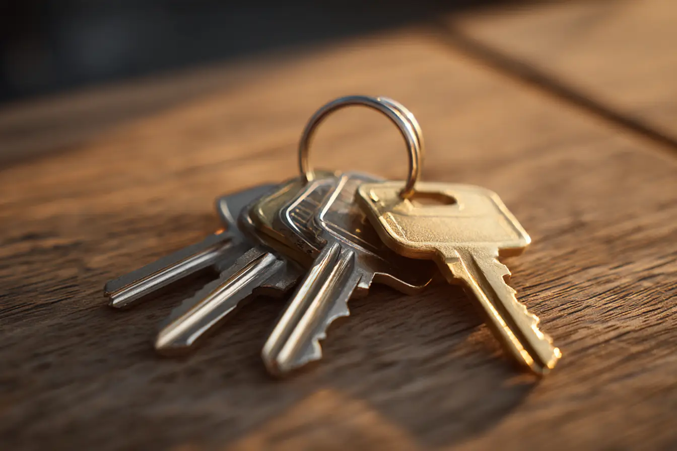 A ring of plain brass and silver house keys resting on a wooden table in warm evening light