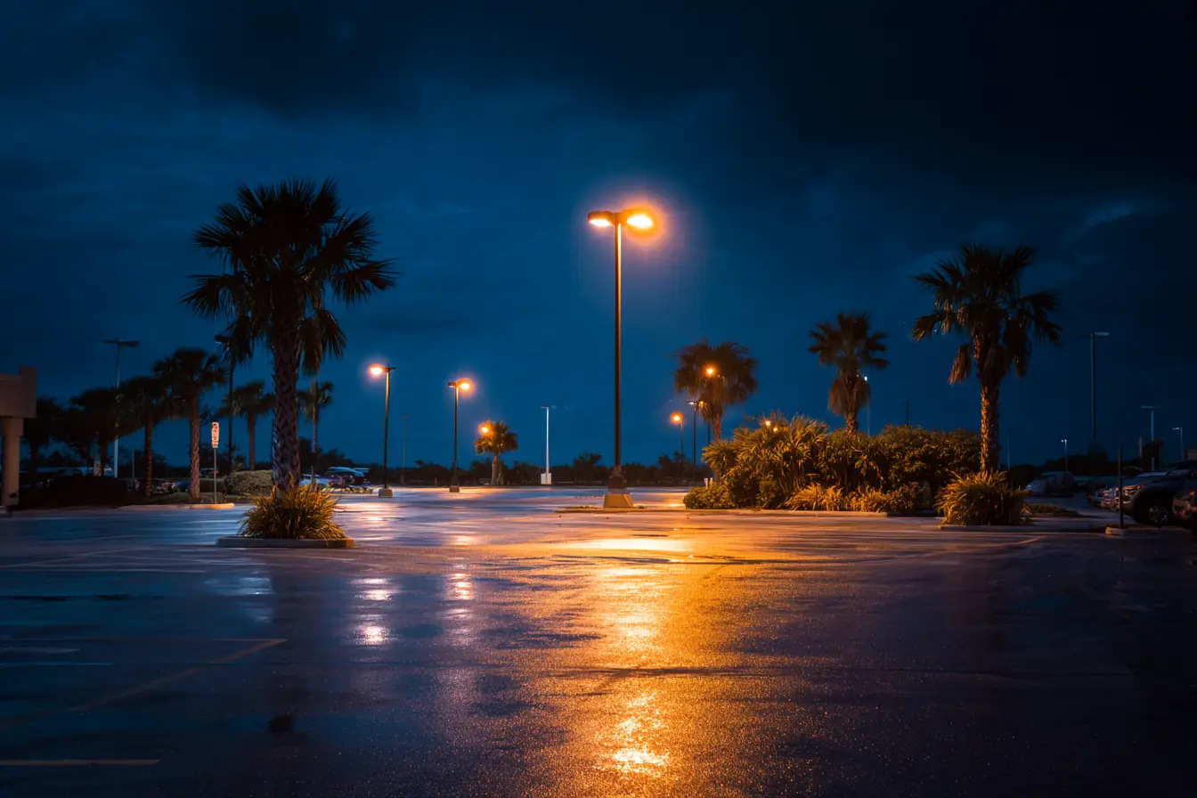 A quiet Southwest Florida parking lot at night under warm lot lights, palms silhouetted against a deep blue sky