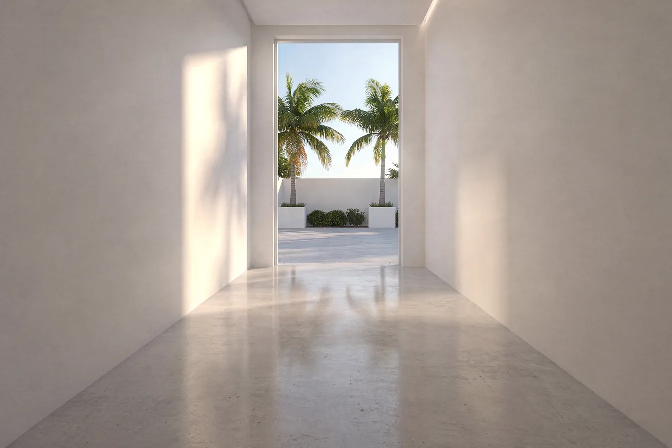 One bright doorway open onto a sunlit courtyard with palms at the end of a plain white corridor