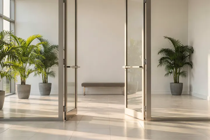 A single open glass door into a bright, empty lobby with potted palms and morning light
