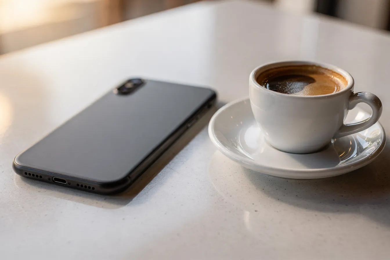 A smartphone lying face down on a cafe counter beside an espresso cup