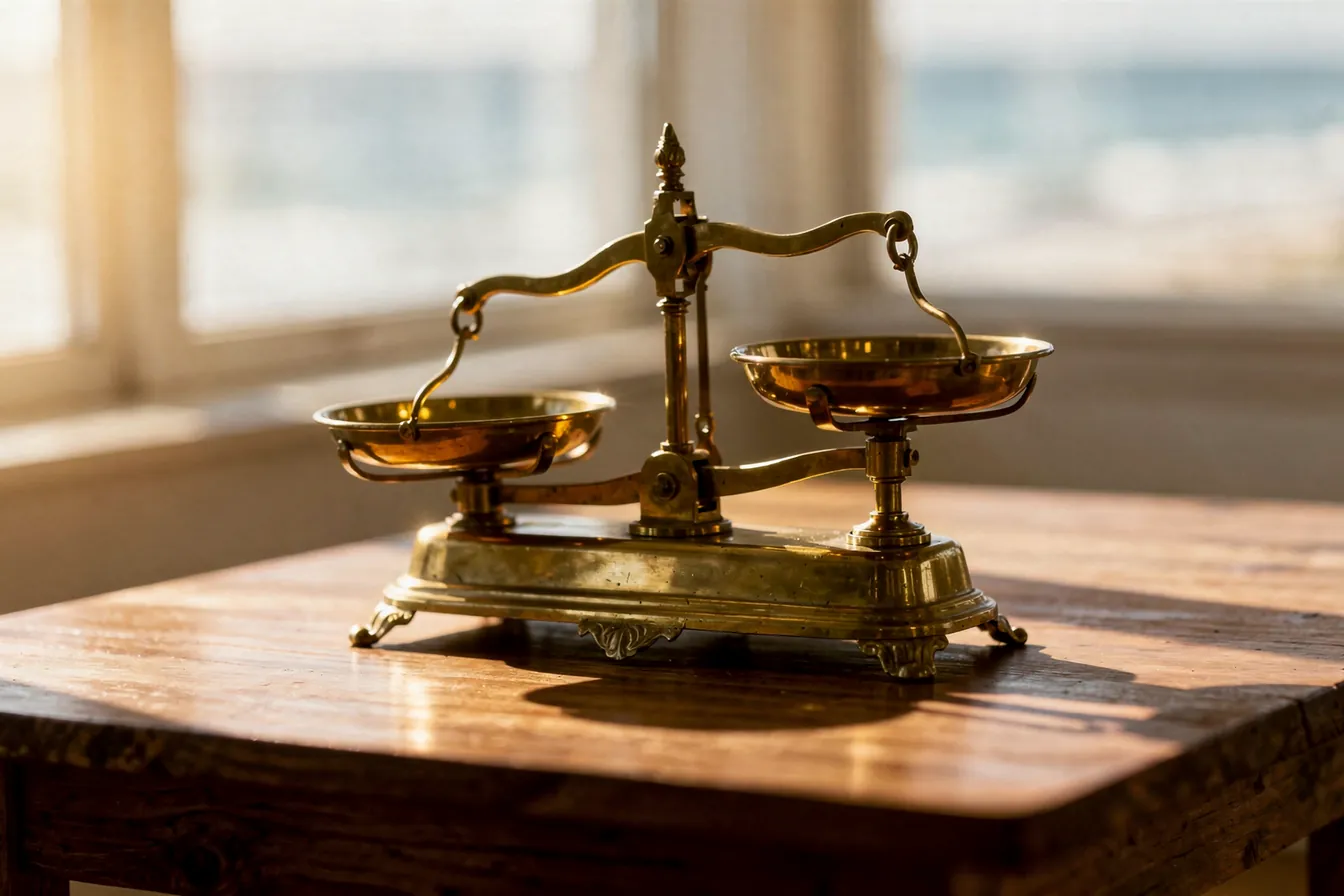 A brass balance scale on a wooden table in soft window light