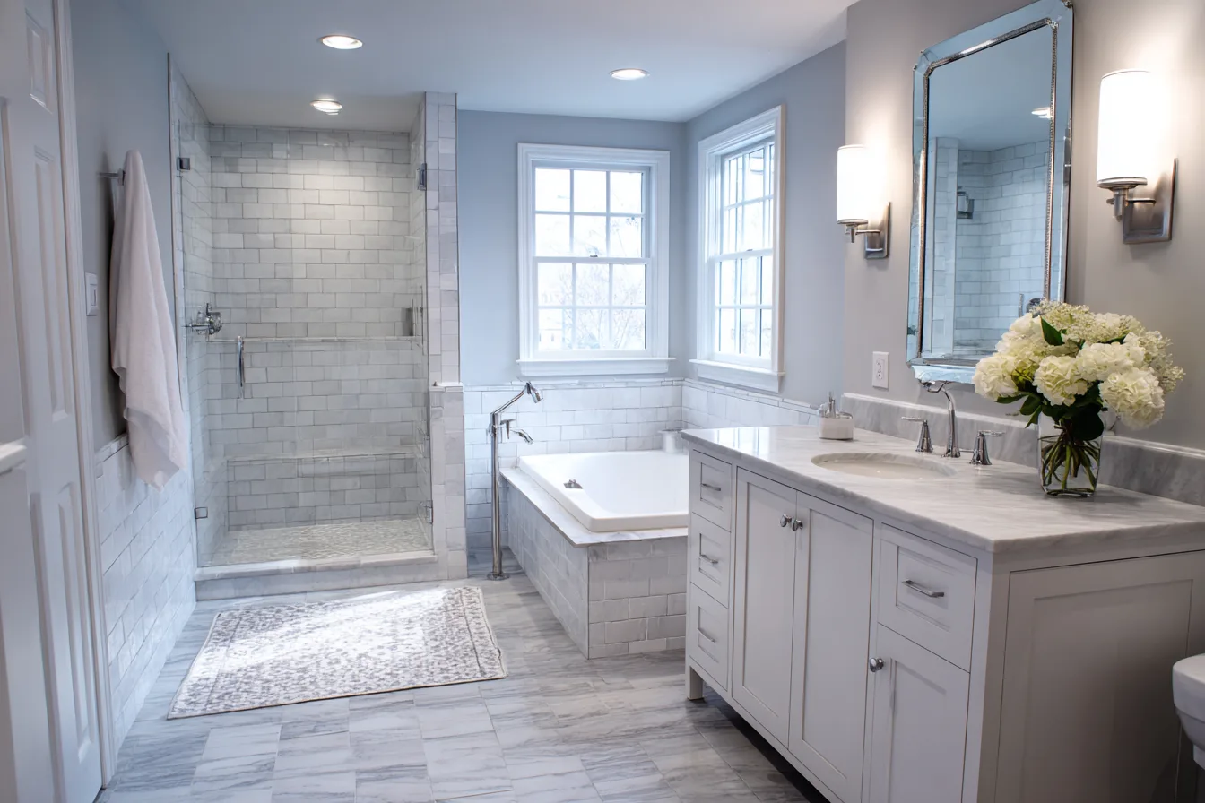 A finished bathroom remodel with new tile and fixtures in daylight