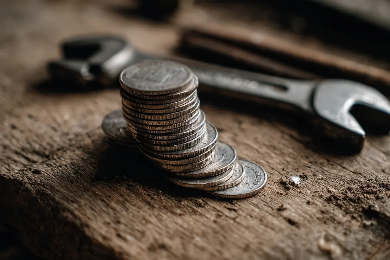 A small stack of coins on a wooden workbench beside a wrench