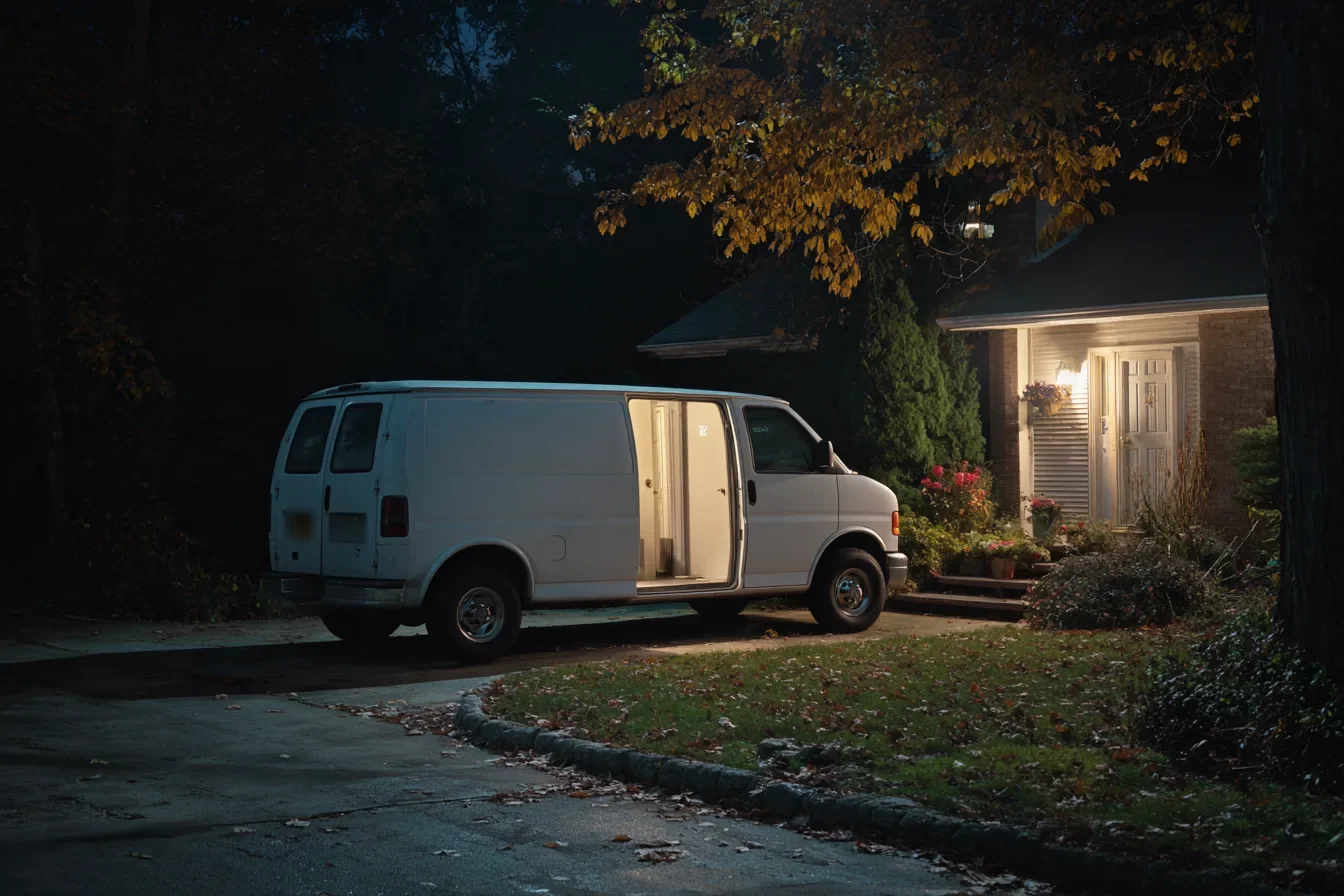 An unmarked service van with its door open in a home driveway at night, the porch light on