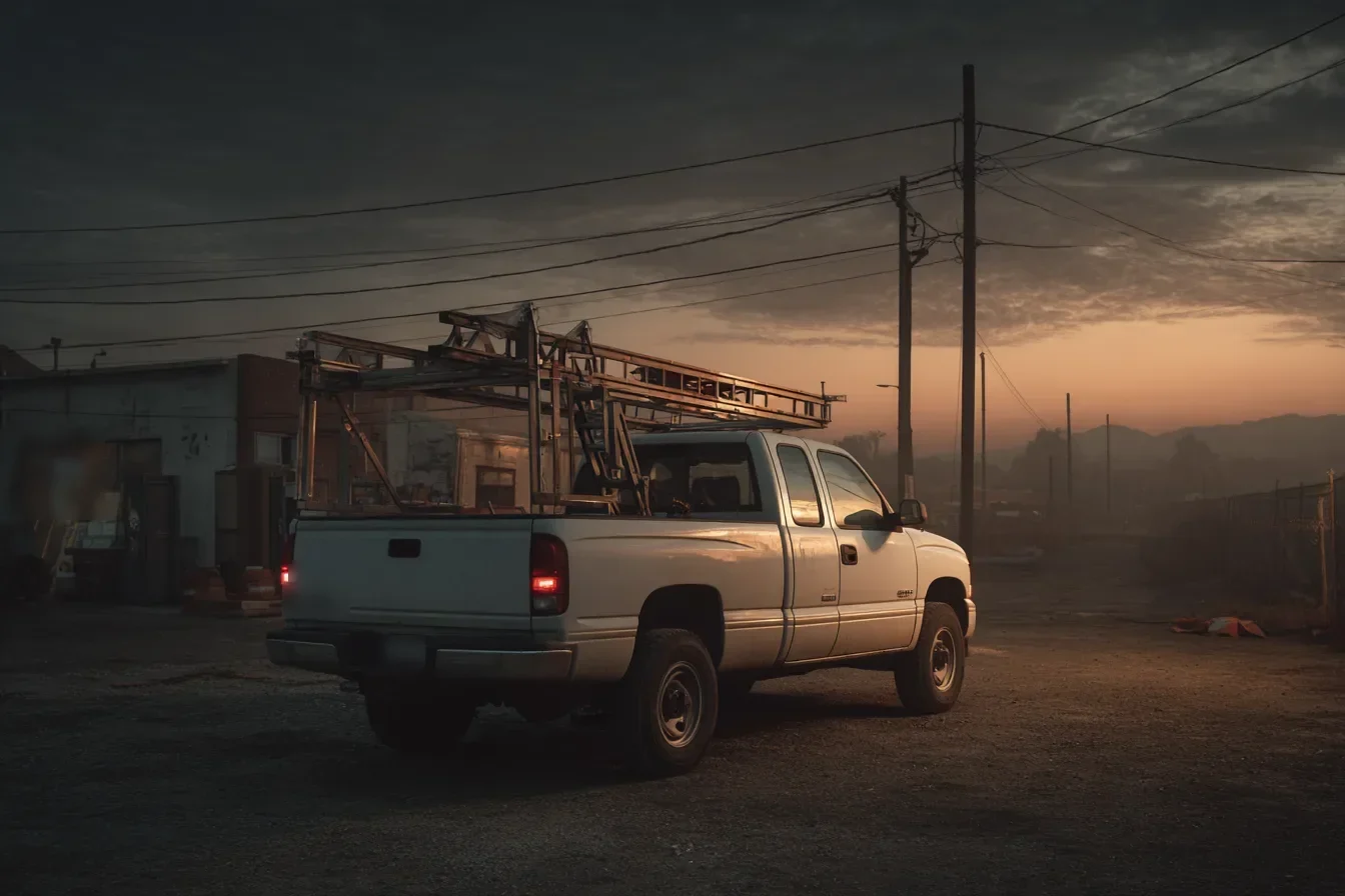 An unmarked pickup truck with a ladder rack parked at a job site at dawn