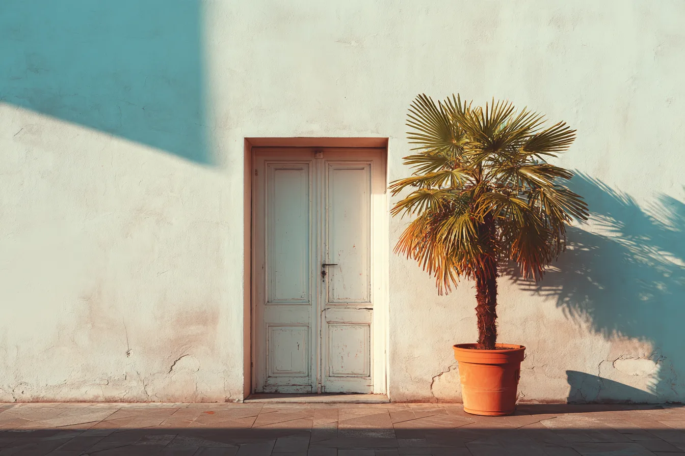 An open shop door in warm morning light with a potted palm beside it