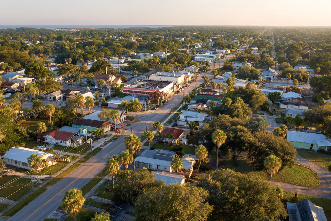 Aerial view of a small Florida town grid of streets, rooftops and palms in golden hour light