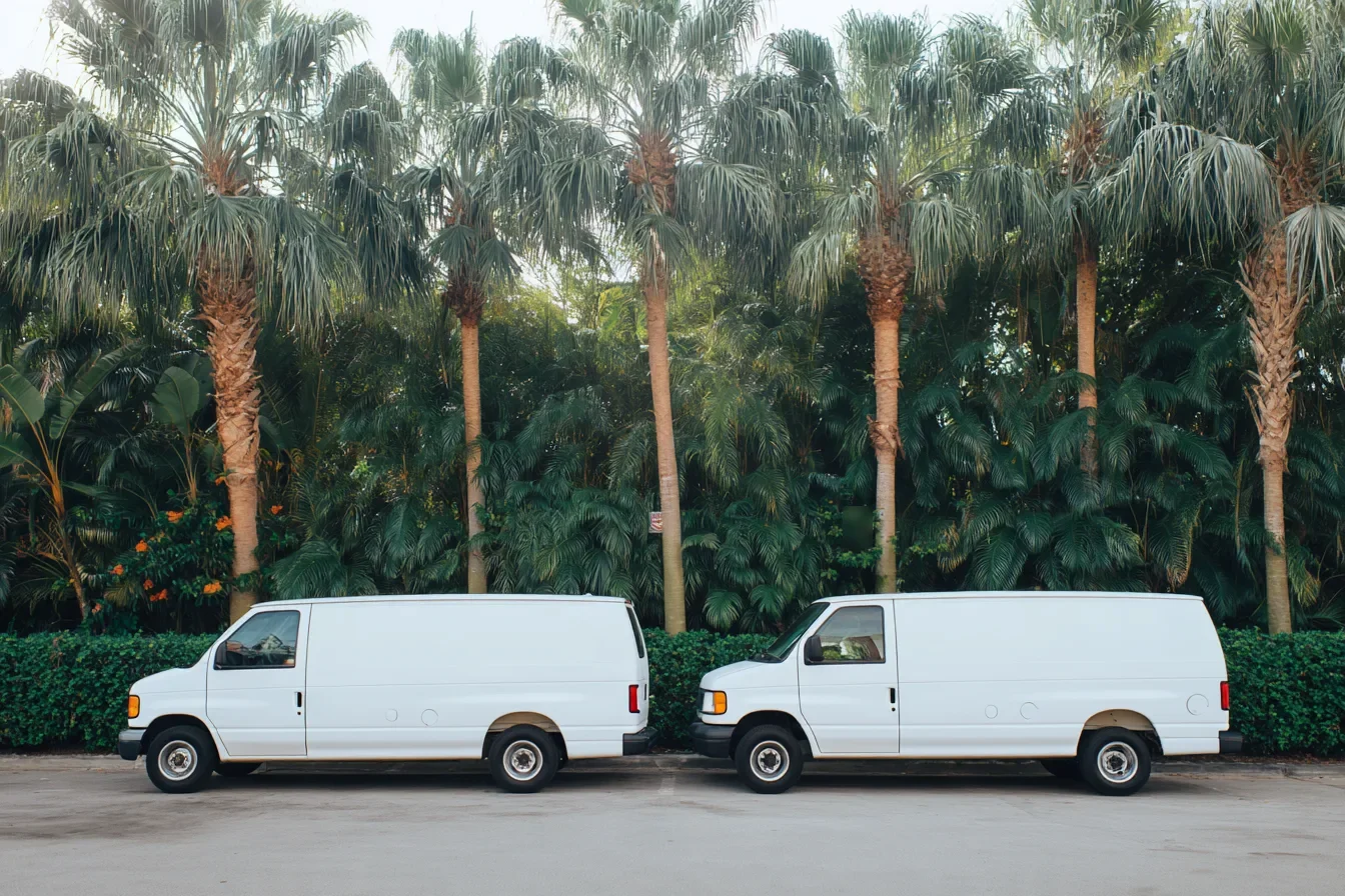 Two plain white service vans parked side by side in a lot under palms