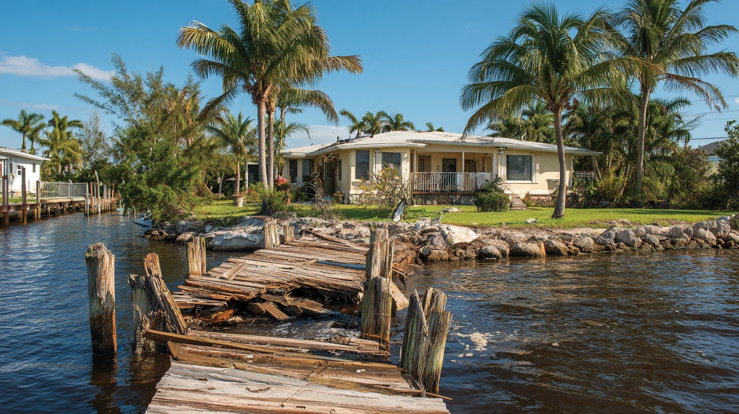 A canal-side home in Southwest Florida seen from the water, its wooden dock broken apart and its rock shoreline scattered after a storm