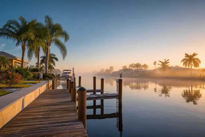 A wooden dock and boat lift on a calm Southwest Florida canal at sunrise, a concrete seawall and palms along the bank