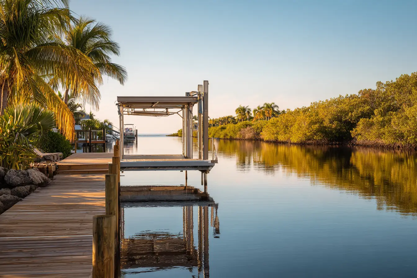 An empty boat lift cradle beside a wooden dock on a calm canal in morning light