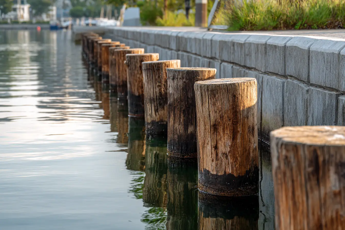 New wooden pilings standing in calm canal water beside a concrete seawall cap