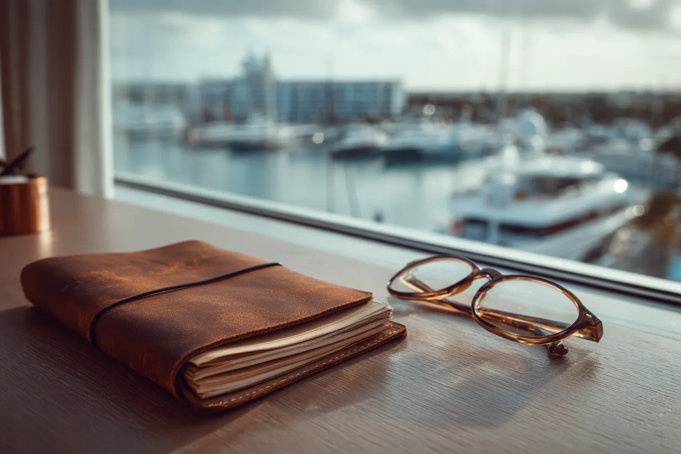 A leather notebook and reading glasses on a desk by a window overlooking a marina