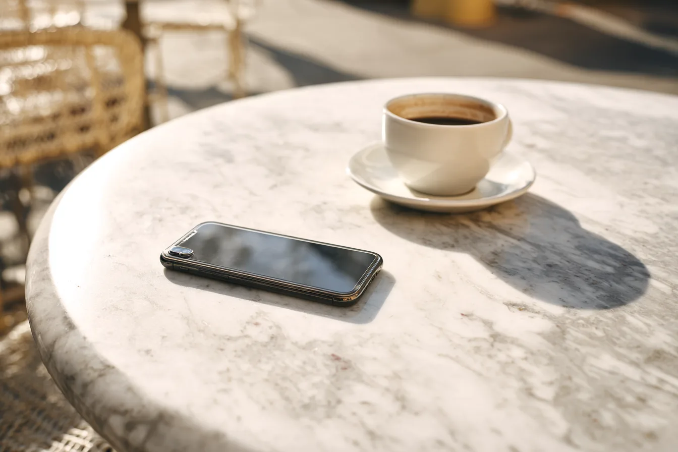 A phone lying face down on a marble cafe table beside a cup of coffee in morning light