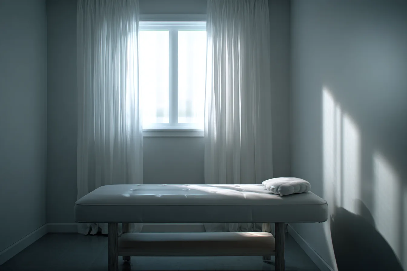 A calm, empty treatment room with a cushioned bed and soft window light
