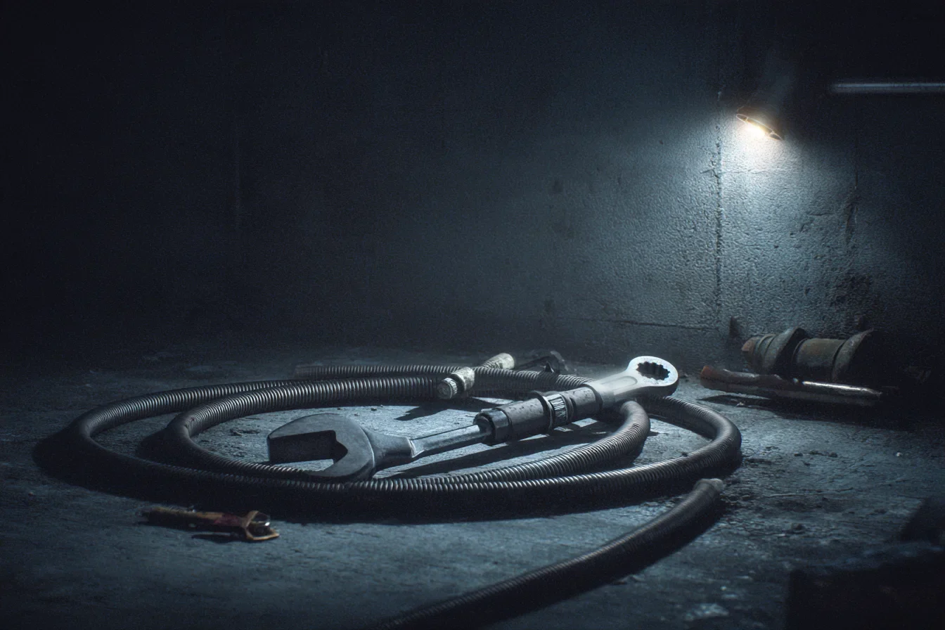 A wrench and a coiled hose on a garage floor under a work light at night