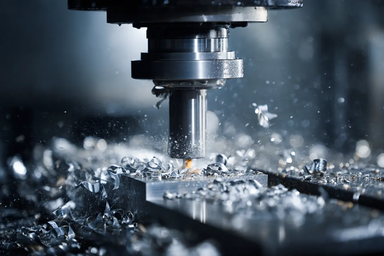 Bright metal chips curling from a cutting tool inside a CNC machine under coolant mist