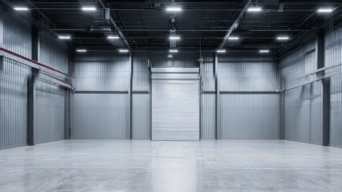 An empty industrial bay seen straight-on, a bare polished concrete floor under high bay lights and a steel roll-up door
