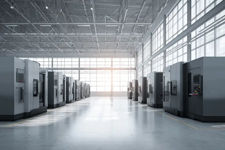 A clean machine shop floor in morning light, a row of CNC machining centers along a polished concrete aisle