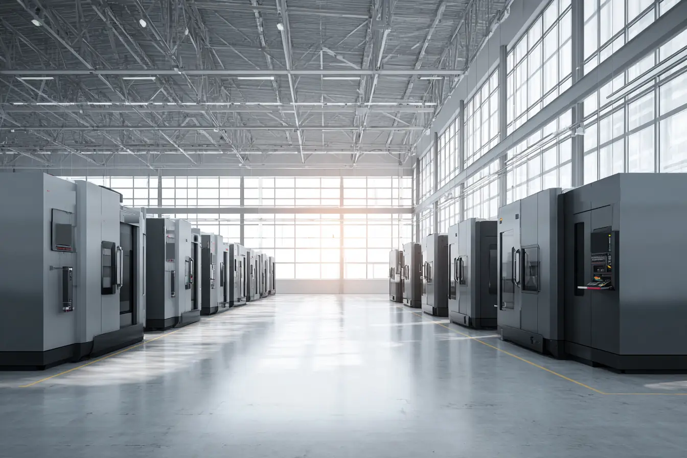 A clean machine shop floor in morning light, a row of CNC machining centers along a polished concrete aisle