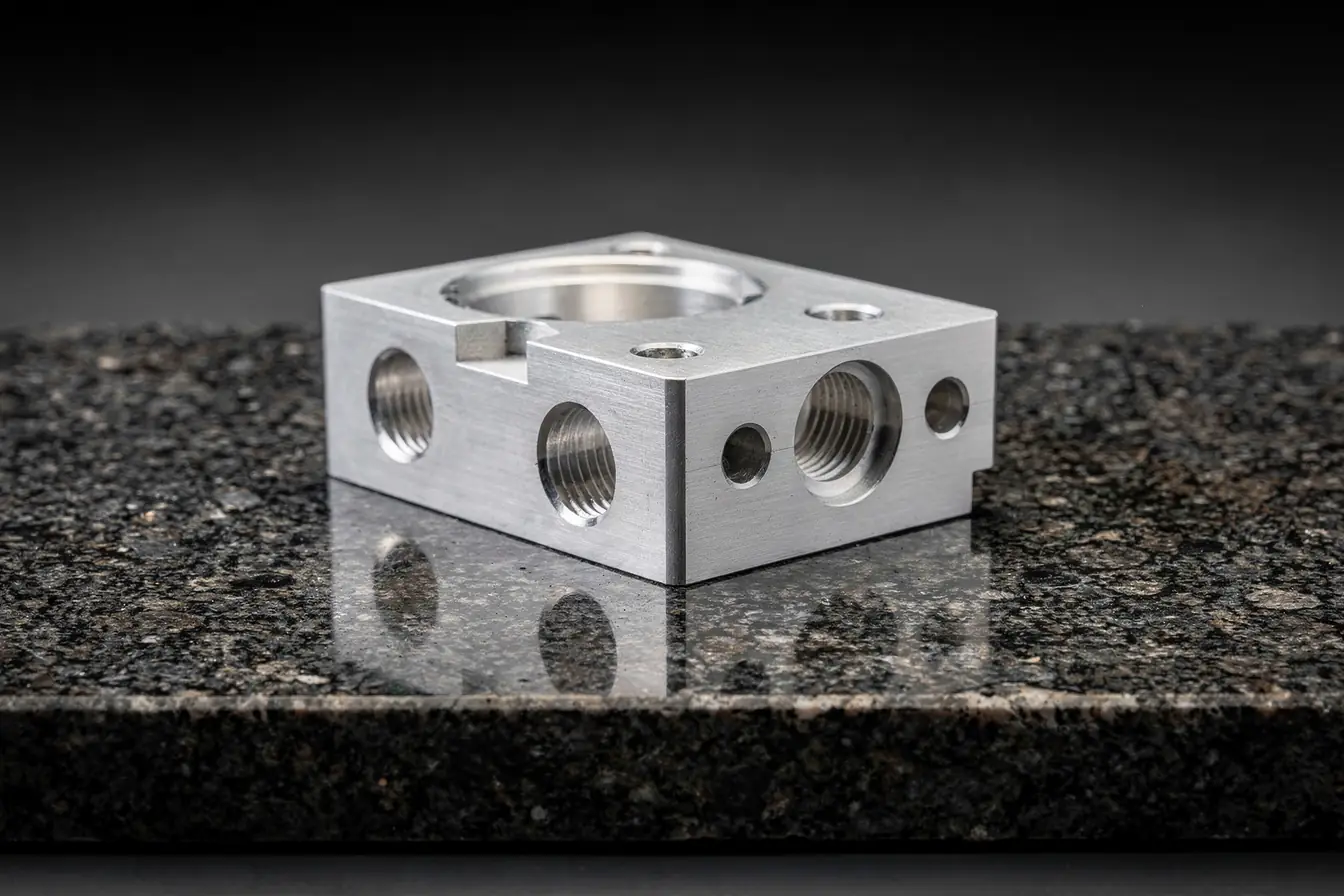 A precision machined aluminum part resting on a dark granite inspection plate under a soft spotlight
