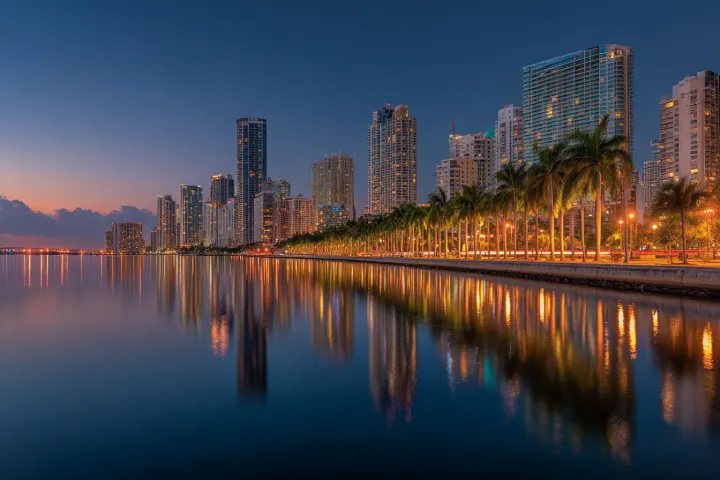 Dusk over a calm bay lined with generic glass high-rise towers and palms, warm city lights reflected in the water