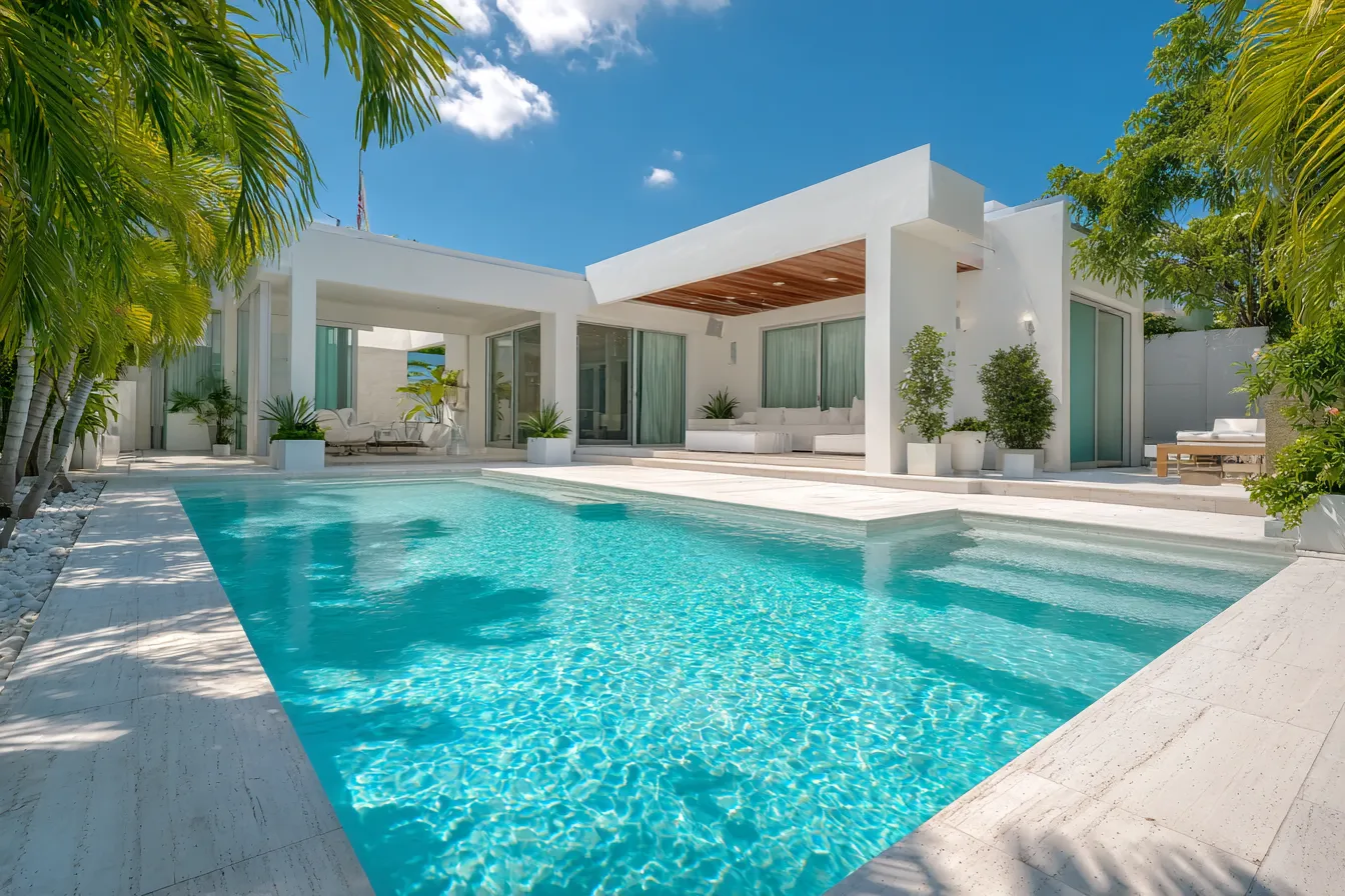 A modern backyard pool with a white deck and potted palms behind a contemporary South Florida home in bright sun
