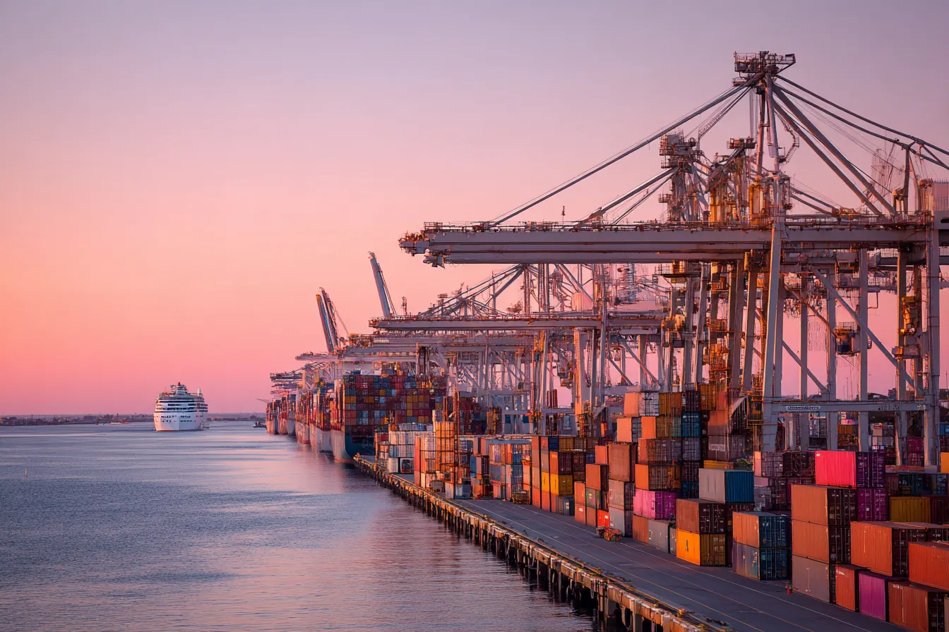 A seaport at dawn with container cranes and stacked cargo containers beside calm water, a cruise ship far in the distance