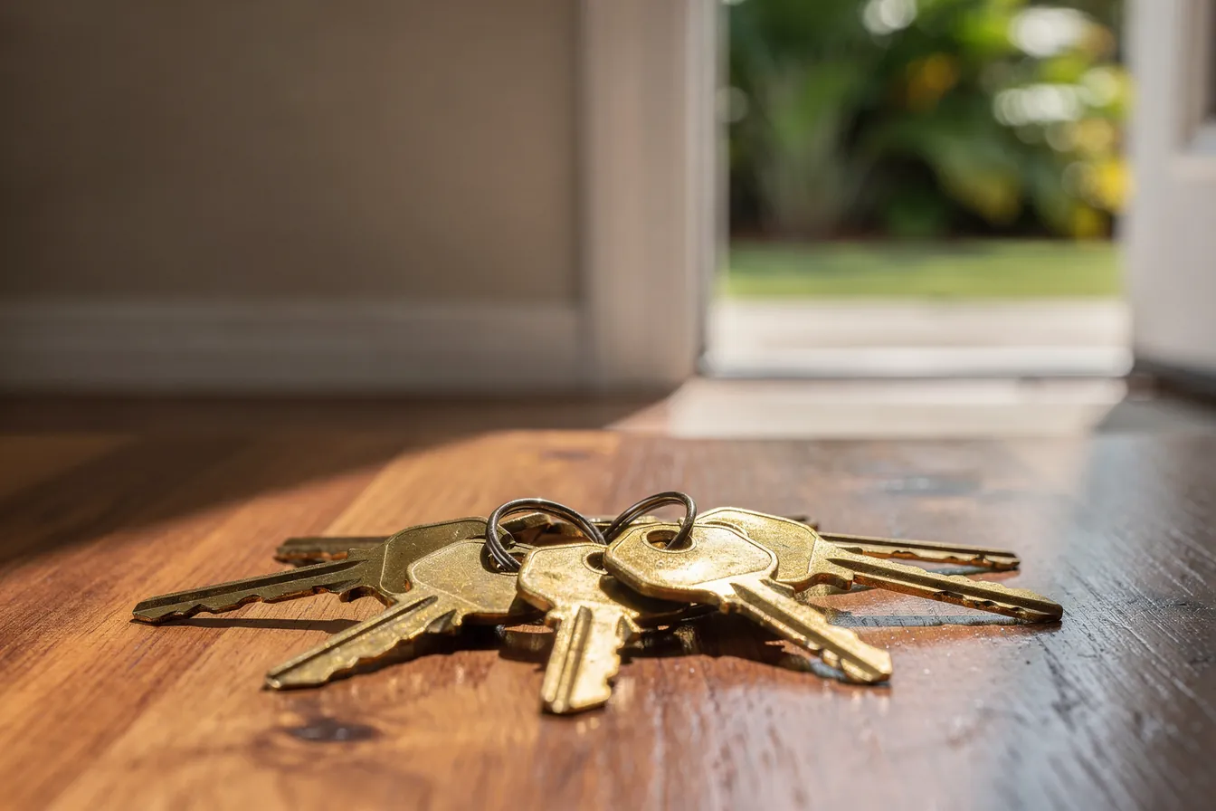 A ring of brass keys on a wooden floor inside an open front door