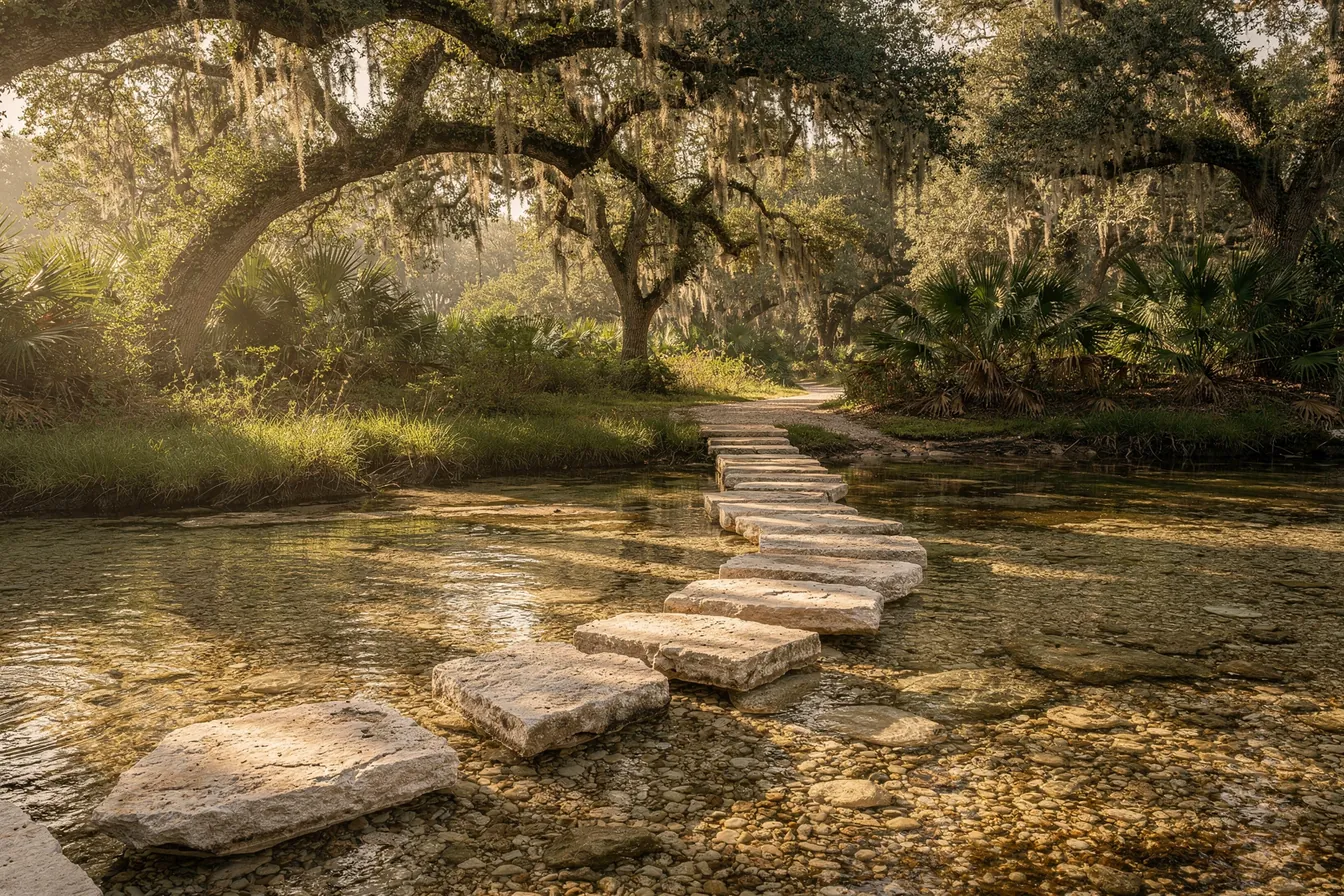 Flat stepping stones crossing a shallow, clear creek in morning light
