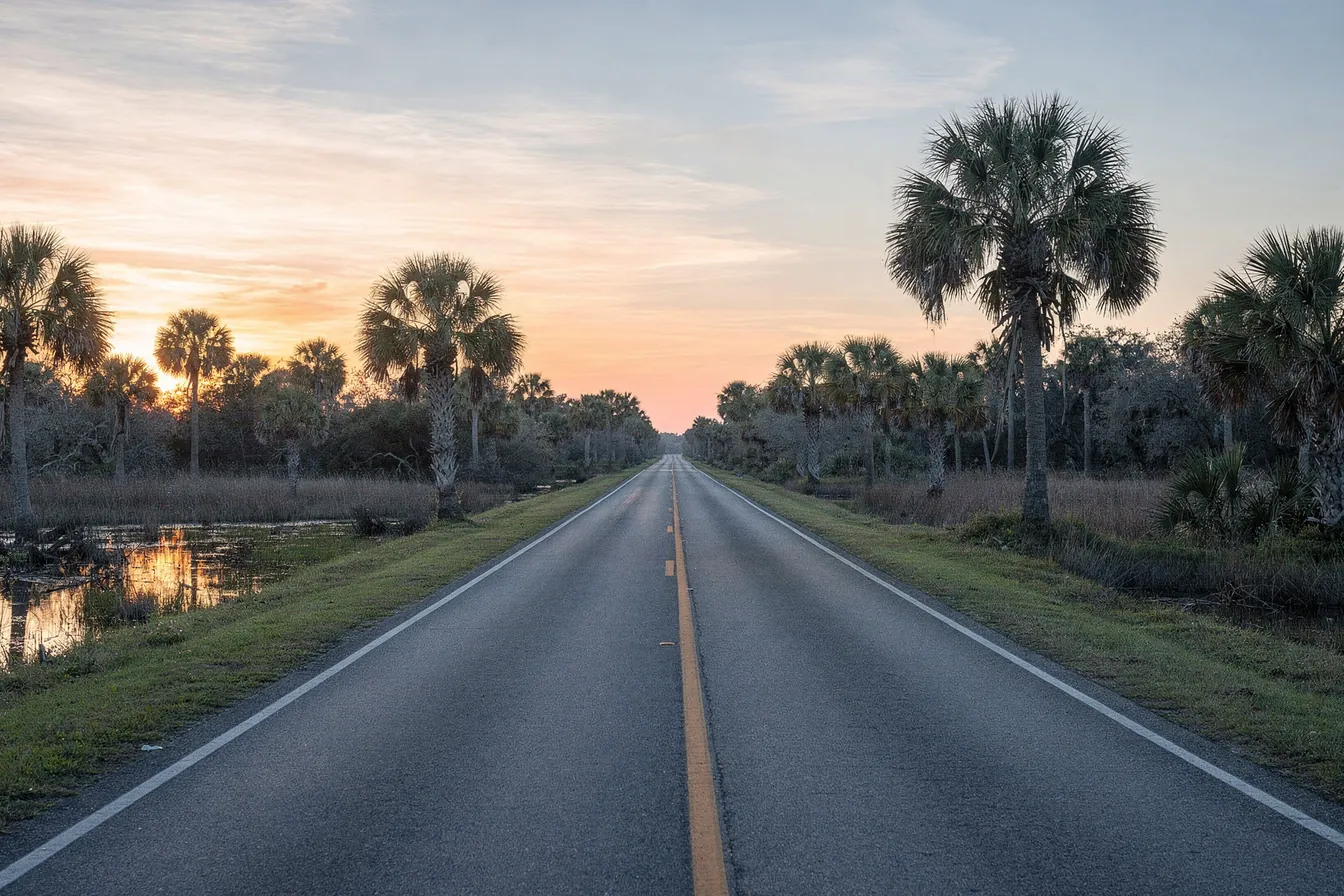 An empty two-lane road running through palms and wetlands at dawn
