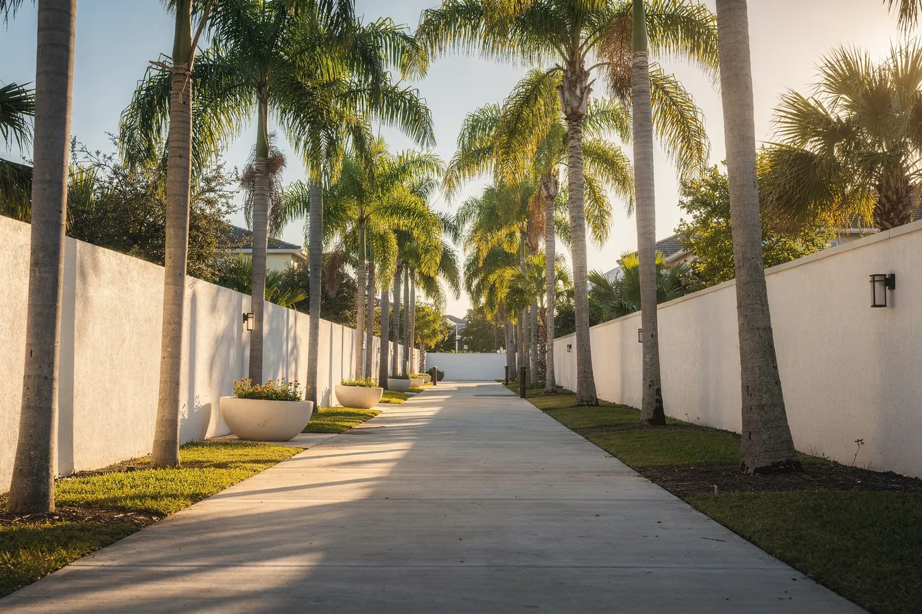 A shaded sidewalk lined with palms and white stucco walls in morning light