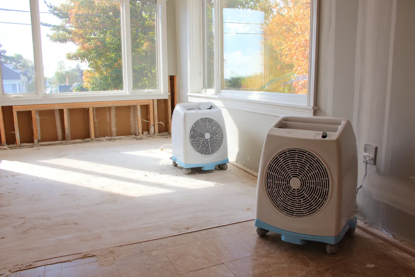 Air movers drying a room where the lower drywall has been cut away to the studs