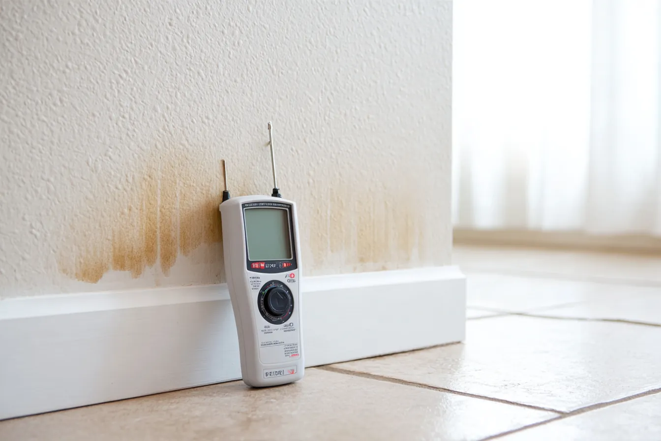 A handheld moisture meter standing at a white baseboard below a brown water stain on the drywall