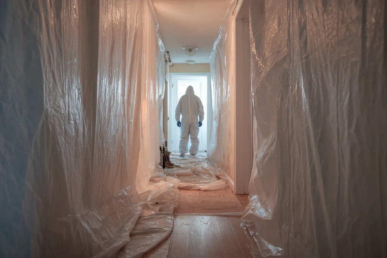 Plastic containment lining a hallway, with a technician in a protective suit at the far end