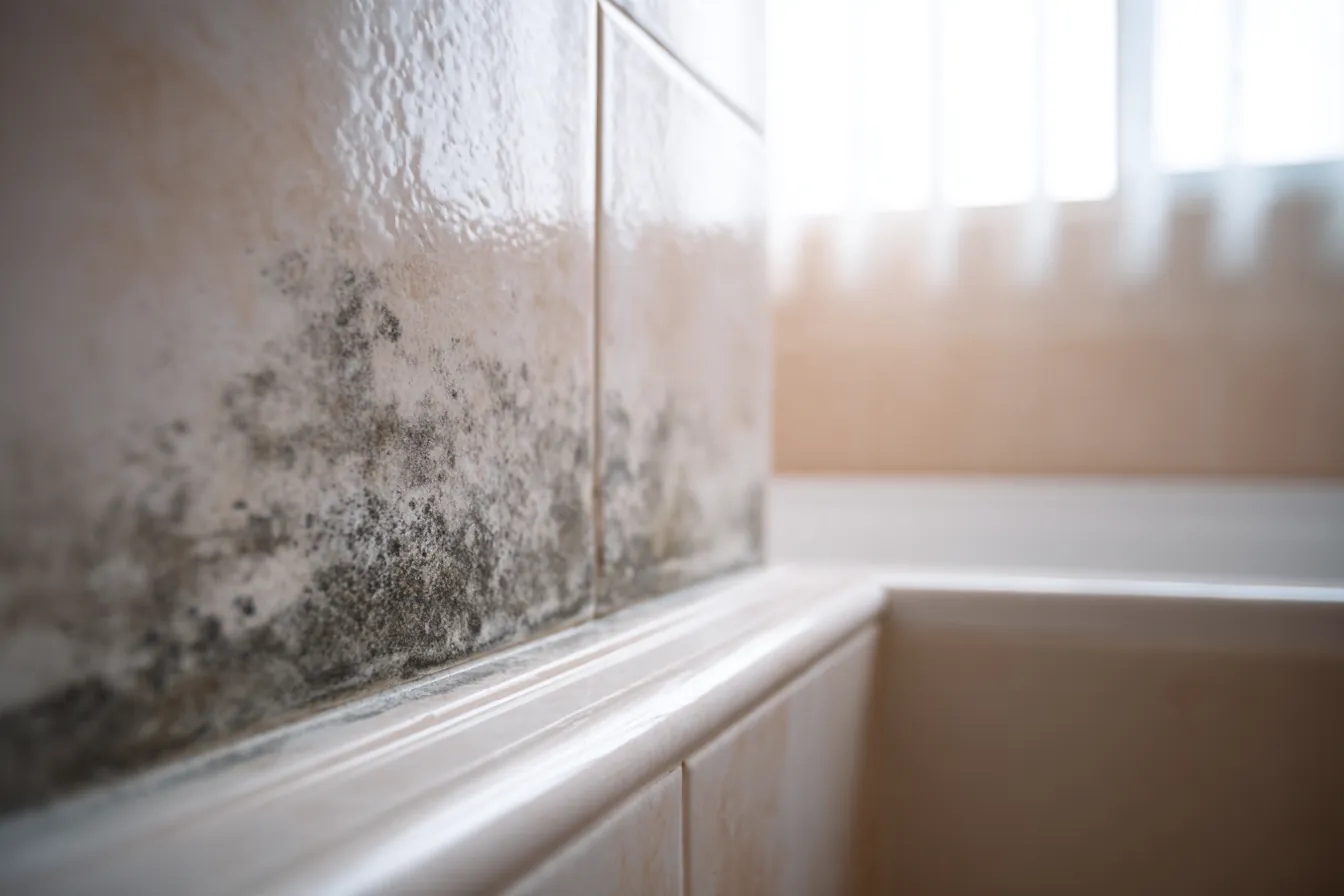 Small patch of dark mold on the caulk line where a white bathtub meets a light tile wall